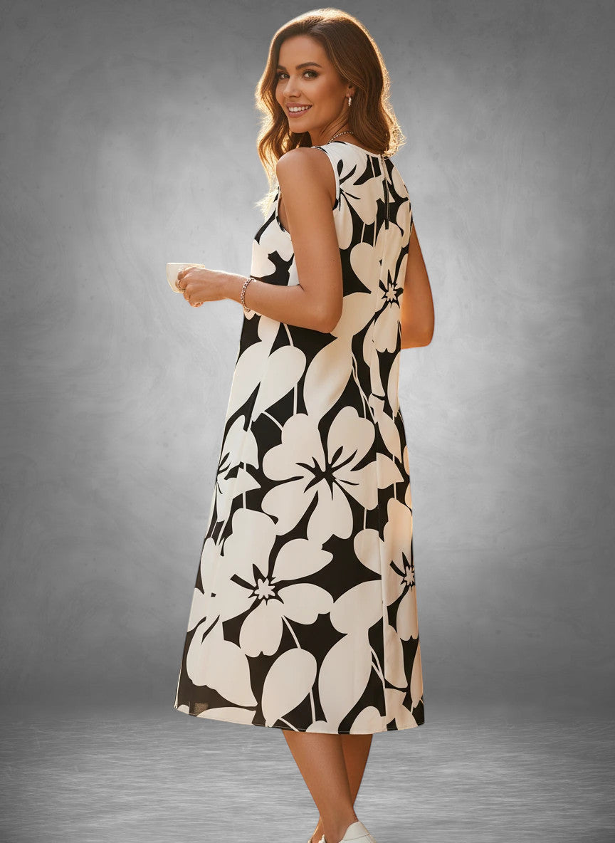 ZOFIA ATELIER Isabella sleeveless floral midi dress in black and white polyester with a relaxed fit.