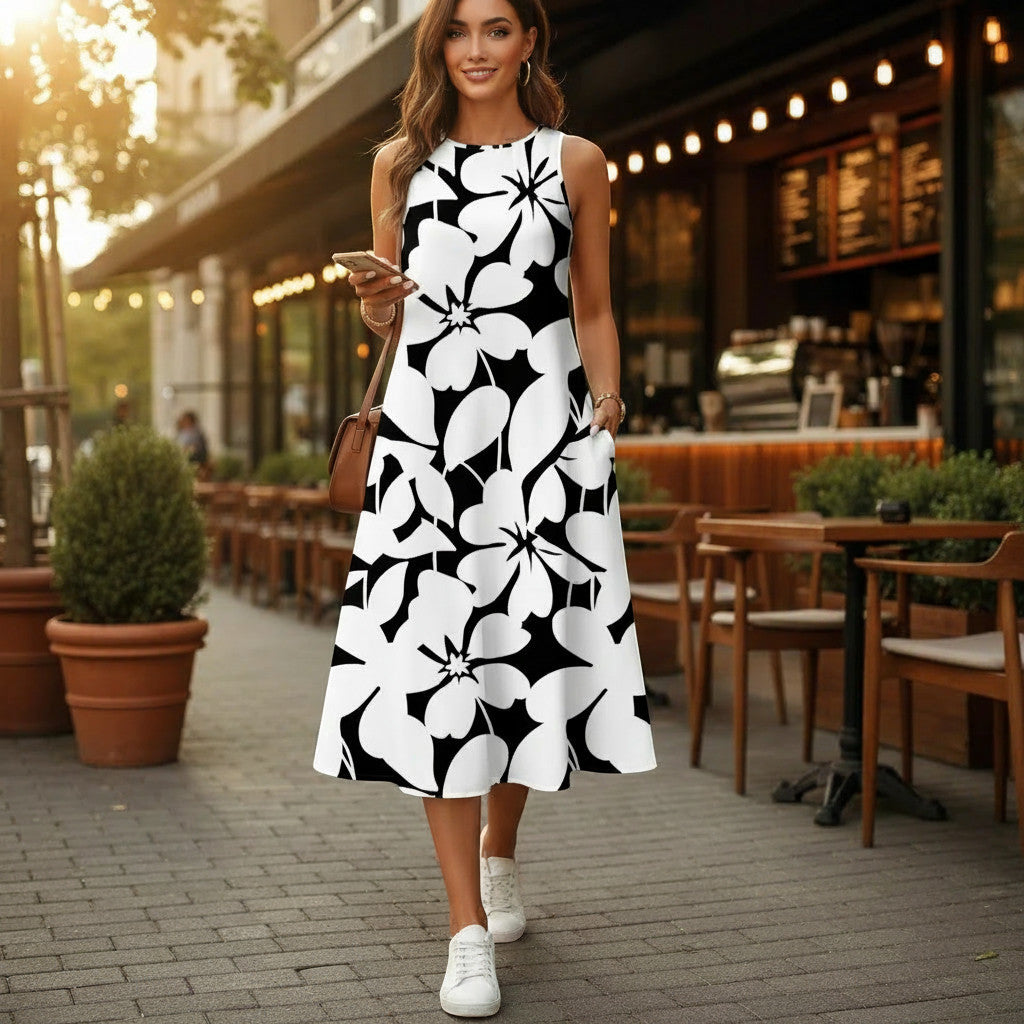 ZOFIA ATELIER Isabella sleeveless floral midi dress in black and white polyester with a relaxed fit.