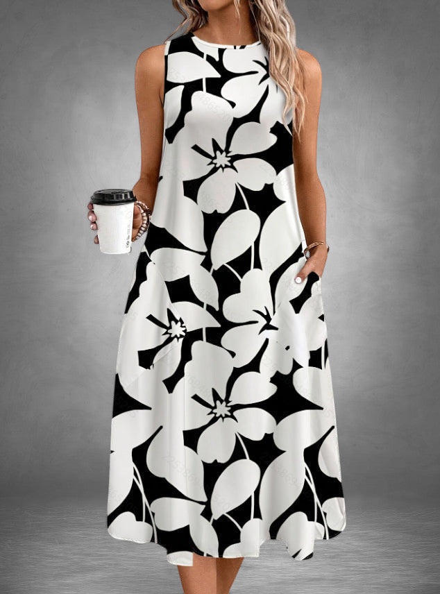 ZOFIA ATELIER Isabella sleeveless floral print midi dress in black and white polyester with pockets.