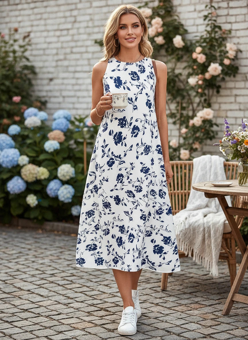 ZOFIA ATELIER Isabella sleeveless floral print polyester midi dress in white with navy blue pattern.
