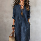 ZOFIA ATELIER Isabella V-neck striped loose fit polyester dress with three-quarter sleeves and pockets.