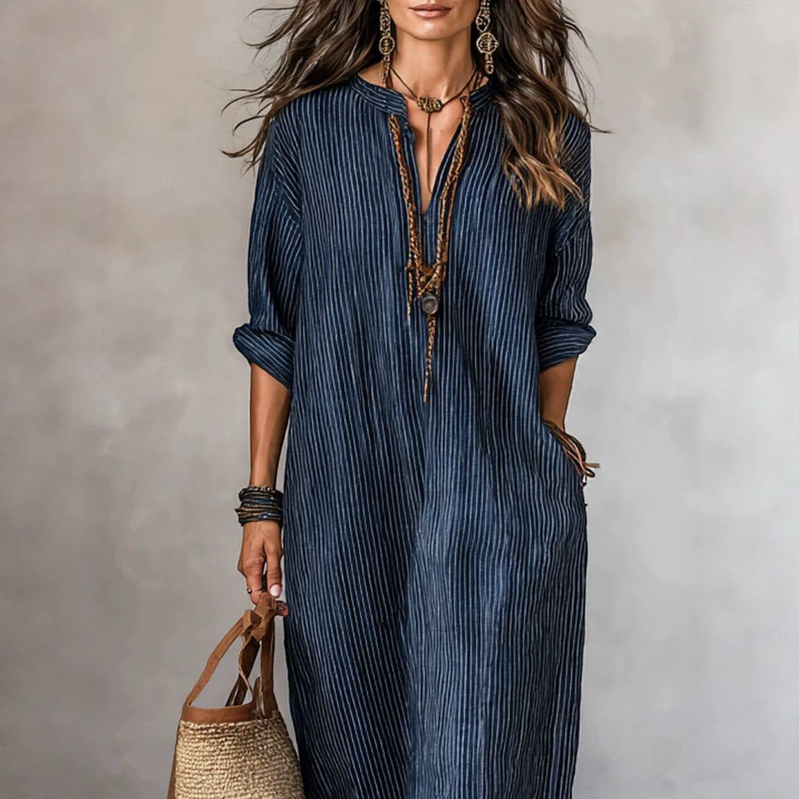 ZOFIA ATELIER Isabella V-neck striped loose fit polyester dress with three-quarter sleeves and pockets.