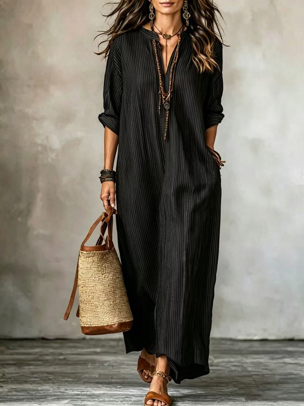 ZOFIA ATELIER Isabella black striped V-neck polyester loose fit long dress with three-quarter sleeves.
