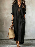 ZOFIA ATELIER Isabella black striped V-neck polyester loose fit long dress with three-quarter sleeves.