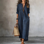 ZOFIA ATELIER Isabella navy blue striped V-neck polyester loose fit long dress with three-quarter sleeves.
