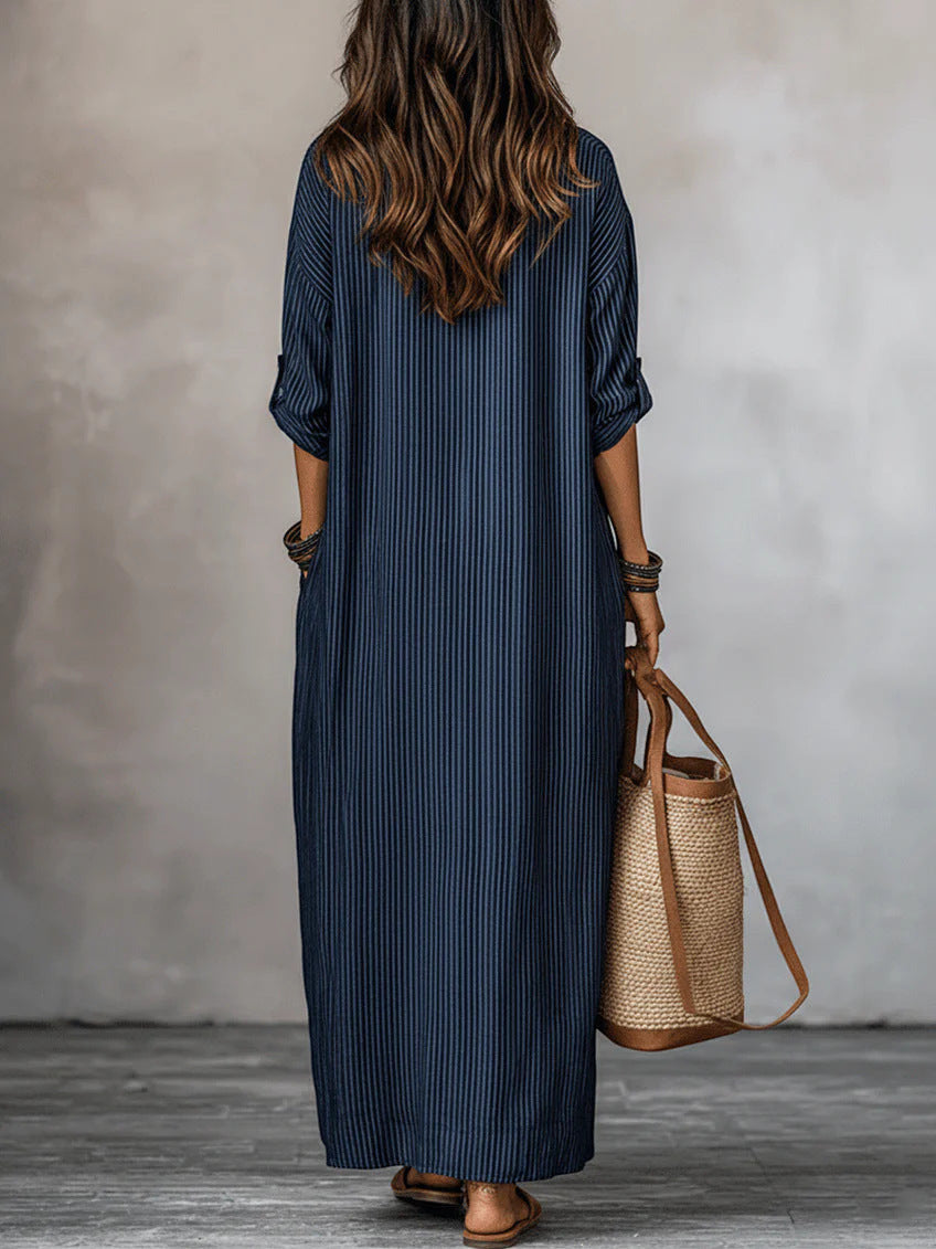 ZOFIA ATELIER Isabella navy blue striped V-neck loose fit polyester long dress with three-quarter sleeves.