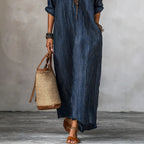 ZOFIA ATELIER Isabella V-neck navy blue striped loose fit polyester long dress with three-quarter sleeves.