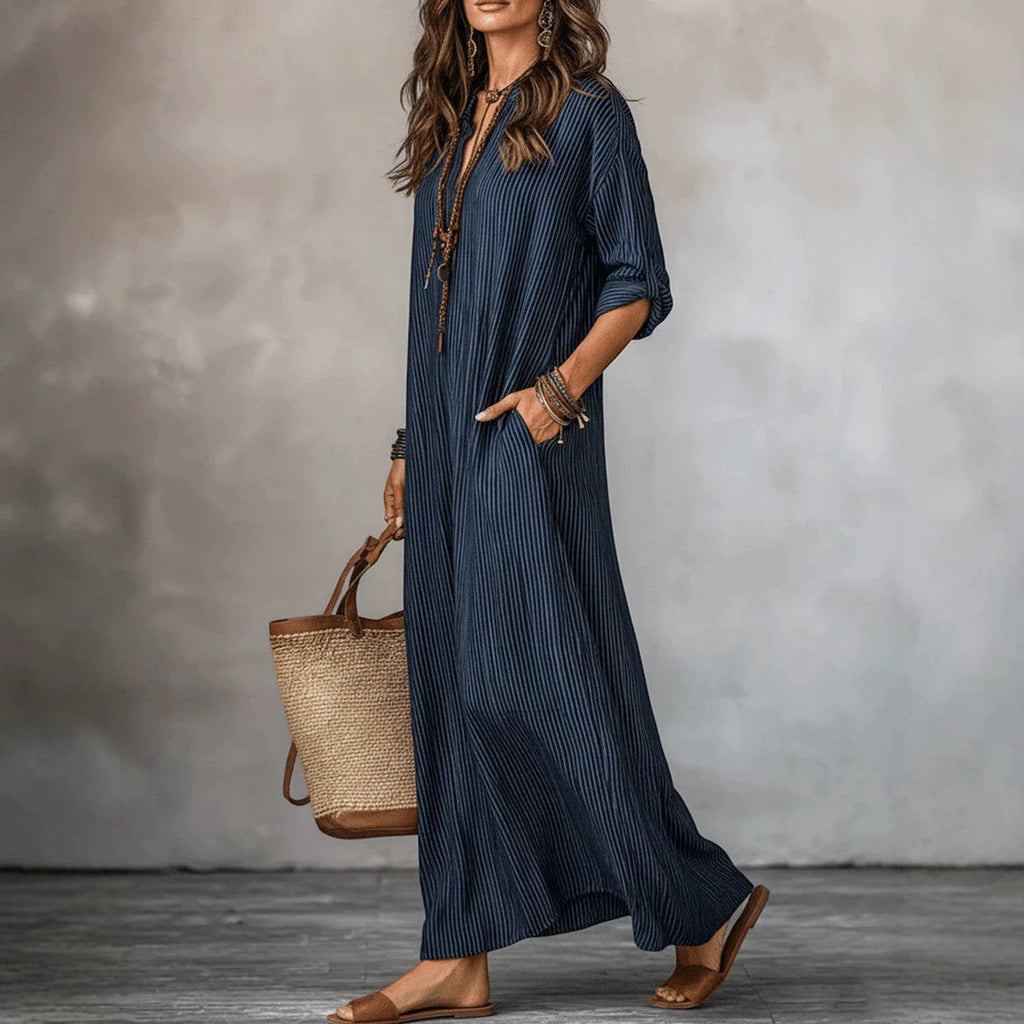 ZOFIA ATELIER Isabella navy blue striped V-neck polyester loose fit maxi dress with three-quarter sleeves.
