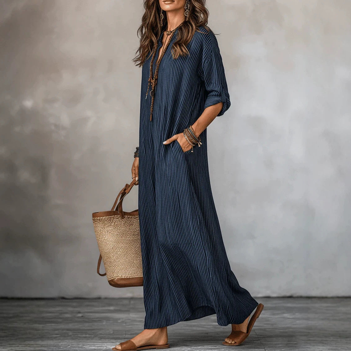 ZOFIA ATELIER Isabella navy blue striped V-neck polyester loose fit maxi dress with three-quarter sleeves.