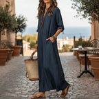 ZOFIA ATELIER Isabella navy blue striped V-neck polyester loose fit maxi dress with three-quarter sleeves.