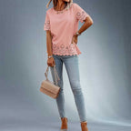 ZOFIA ATELIER Izabela pink polyester t-shirt top with crew neck, short sleeves, and embroidered hollow-out details.