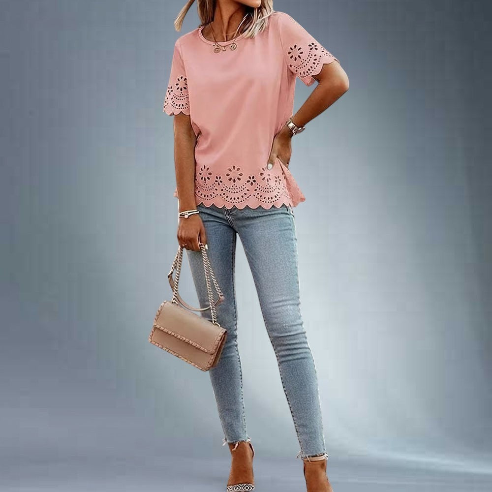 ZOFIA ATELIER Izabela pink polyester t-shirt top with crew neck, short sleeves, and embroidered hollow-out details.