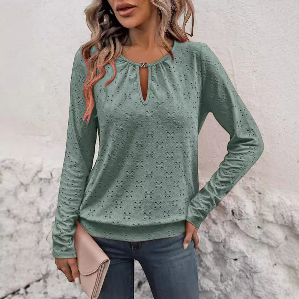 ZOFIA ATELIER Jadwiga sage green hollow-out V-neck long-sleeve polyester top
