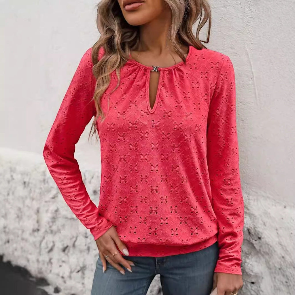 ZOFIA ATELIER Jadwiga coral pink hollow-out V-neck long-sleeve polyester top