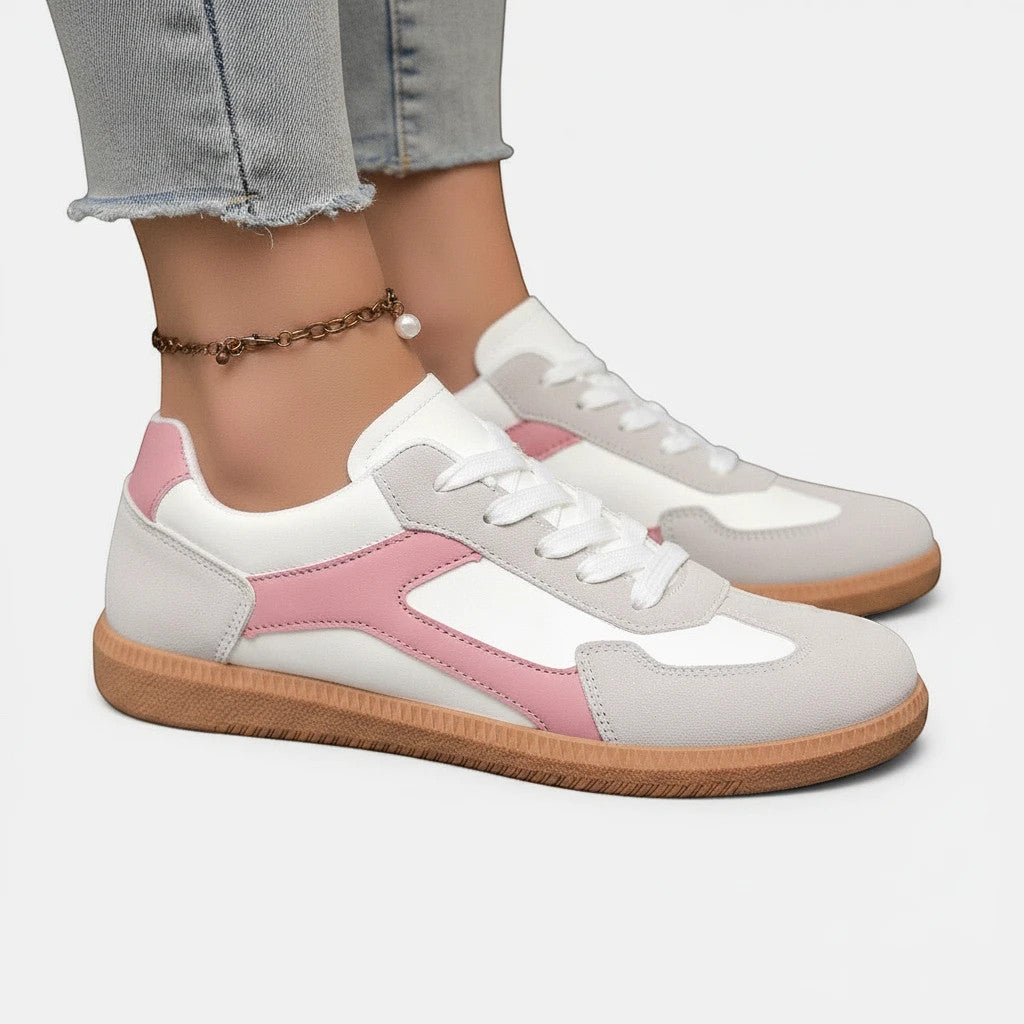 ZOFIA ATELIER JOANNA retro color-block sneakers in white, pink, and grey PU with a rubber sole.