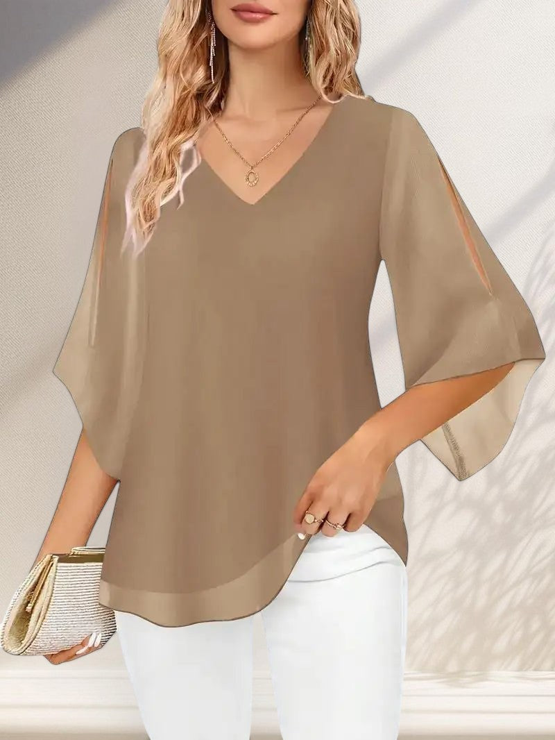 ZOFIA ATELIER Joanna sophisticated taupe chiffon blouse with split sleeves and V-neck.