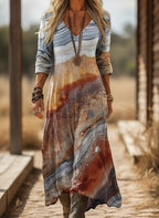 ZOFIA ATELIER JOLANTA watercolor boho maxi dress with V-neck and long sleeves in earthy tones.