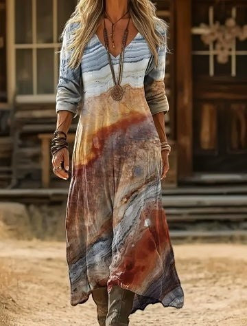 ZOFIA ATELIER JOLANTA watercolor boho maxi dress with V-neck and long sleeves in earthy tones.
