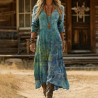 ZOFIA ATELIER Jolanata watercolor boho maxi dress with V-neck and long sleeves in blue and green hues.