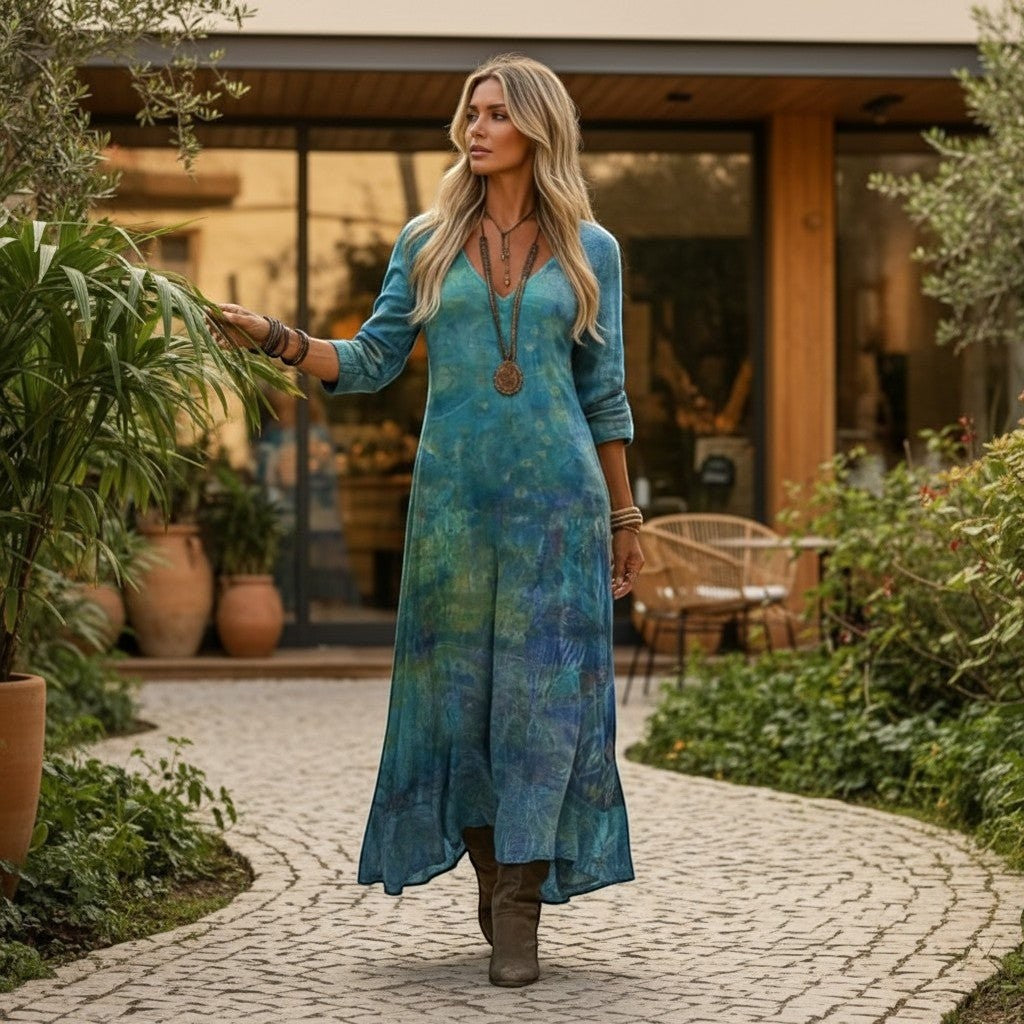 ZOFIA ATELIER Jolanata watercolor boho maxi dress with V-neck and long sleeves in blue and green hues.