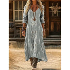 ZOFIA ATELIER JOLANTA watercolor boho maxi dress with V-neck and long sleeves in light grey with white print.