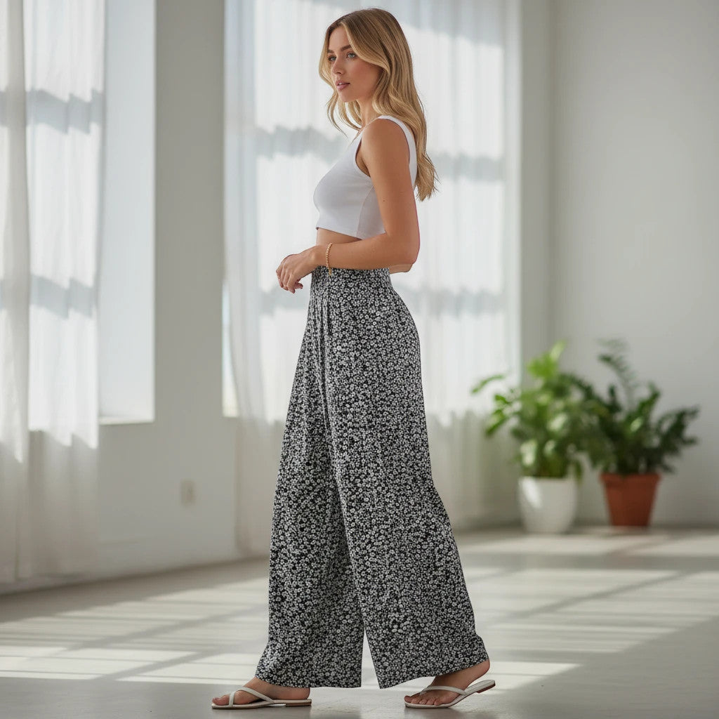 ZOFIA ATELIER JUSTYNA floral casual wide leg pants in black and white polyester with a high waist.