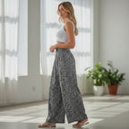 ZOFIA ATELIER JUSTYNA floral casual wide leg pants in black and white polyester with a high waist.