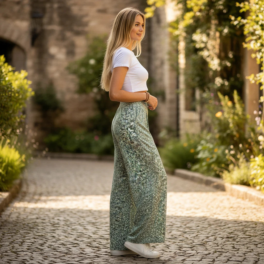 ZOFIA ATELIER JUSTYNA floral print wide leg casual pants in green and white, high waist, polyester
