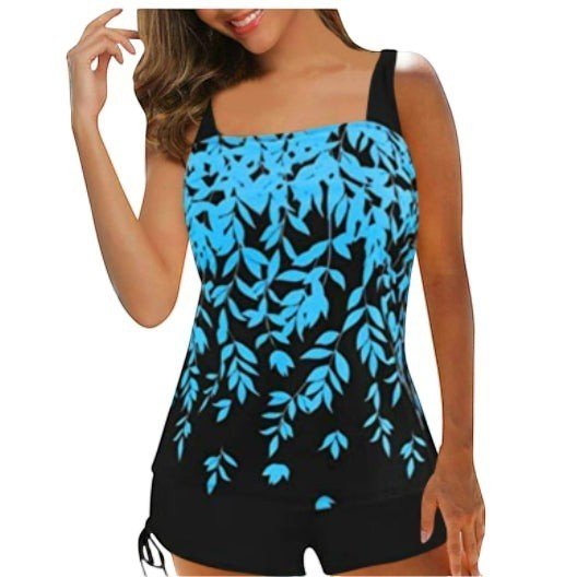 ZOFIA ATELIER Karina Curve Split Bikini Set, black with blue leaf print tankini top and black shorts.