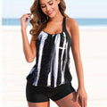ZOFIA ATELIER Karina Curve Split Bikini Set, black and white abstract print tankini top with black boy shorts.
