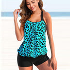ZOFIA ATELIER Karina curve split bikini set in blue with black leopard print, tankini top and black shorts.