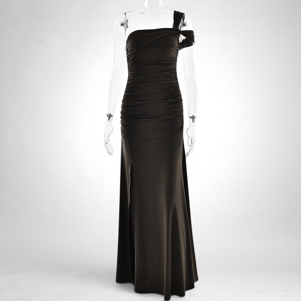 ZOFIA ATELIER Karolina slim fit brown polyester dress with oblique shoulder and thigh-high slit.