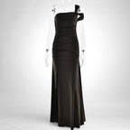 ZOFIA ATELIER Karolina slim fit brown polyester dress with oblique shoulder and thigh-high slit.