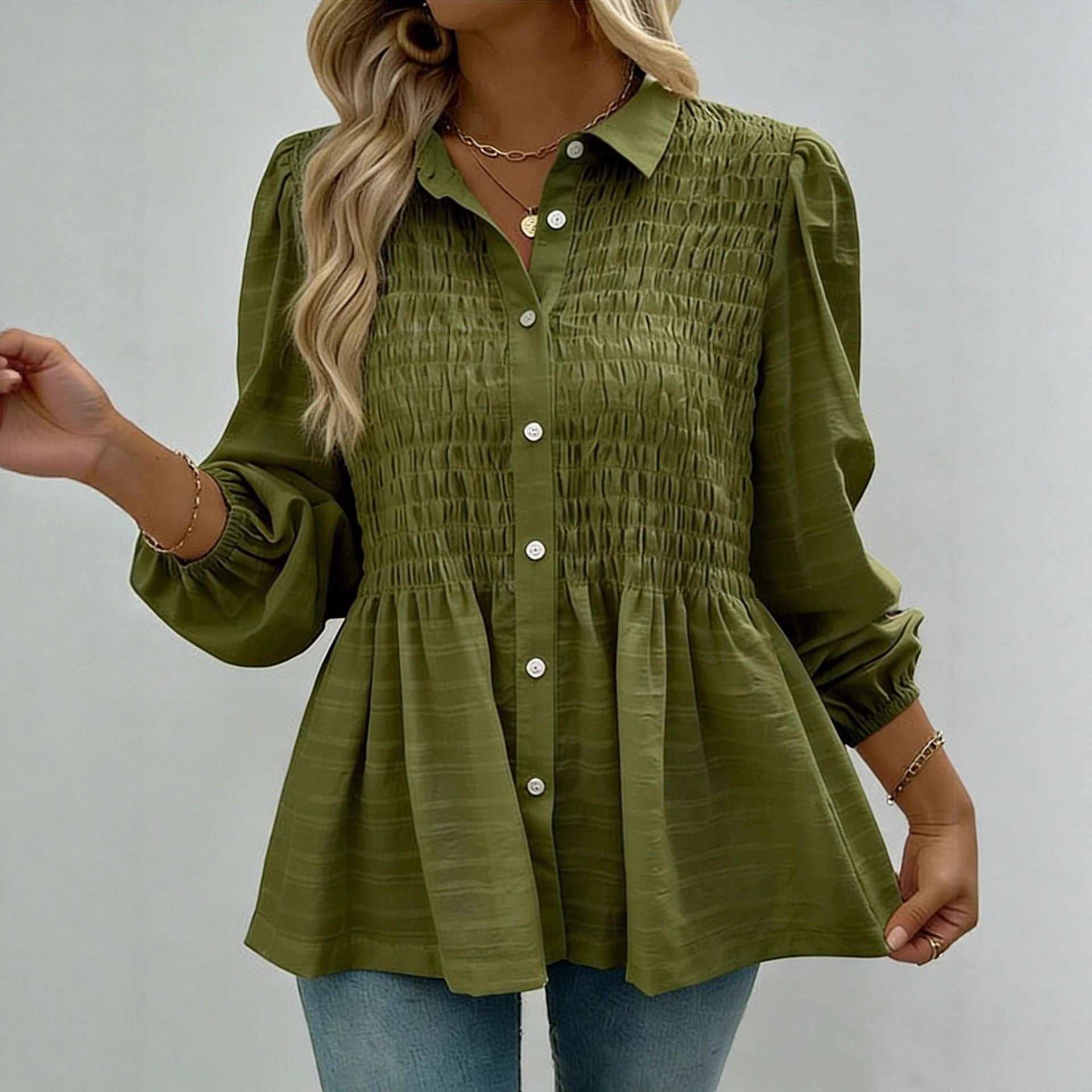 ZOFIA ATELIER Katarzyna olive green polyester button-down shirt with ruffled smocking and puff sleeves.
