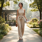 ZOFIA ATELIER khaki polyester cinched waist halter neck sleeveless wide-leg jumpsuit with tie belt.