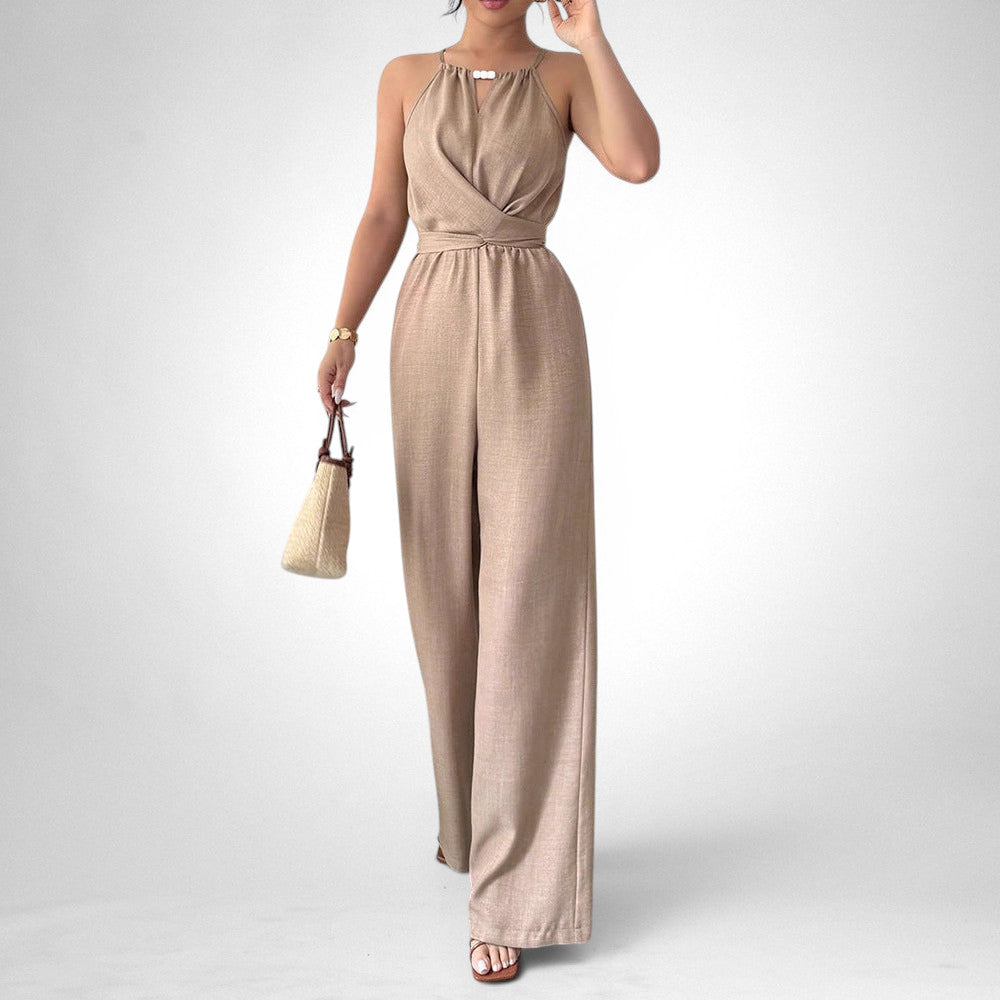 ZOFIA ATELIER khaki polyester cinched waist halter neck sleeveless wide-leg jumpsuit