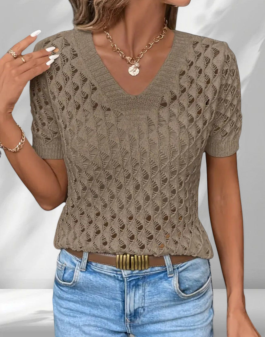 ZOFIA ATELIER khaki knitted V-neck short sleeve top with hollow-out details and regular fit.