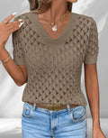 ZOFIA ATELIER khaki knitted V-neck short sleeve top with hollow-out details and regular fit.