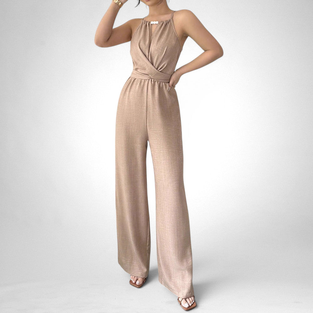 ZOFIA ATELIER khaki polyester cinched waist halter neck sleeveless wide leg jumpsuit
