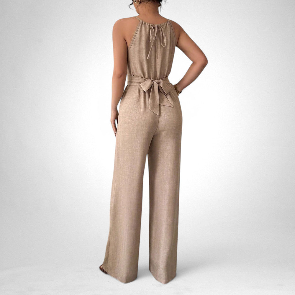 ZOFIA ATELIER khaki polyester cinched waist halter neck sleeveless wide-leg jumpsuit