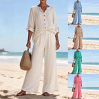 ZOFIA ATELIER KINGA cotton lounge set with V-neck long sleeve top and wide-leg pants in cream, blue, beige, green, and pink.