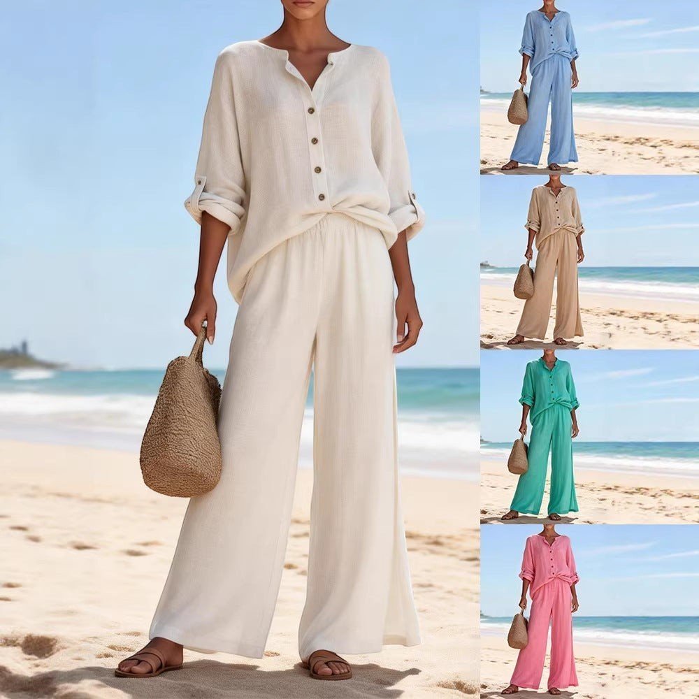 ZOFIA ATELIER KINGA cotton lounge set with V-neck long sleeve top and wide-leg pants in cream, blue, beige, green, and pink.