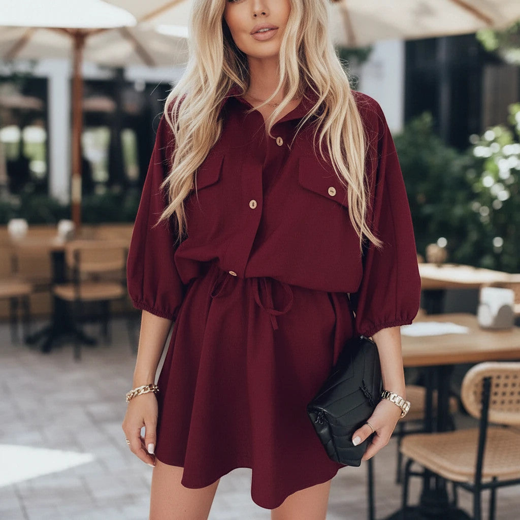 ZOFIA ATELIER Klara burgundy shirt dress with drawstring waist and three-quarter raglan sleeves.
