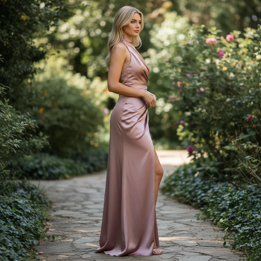 ZOFIA ATELIER Klara halter long dress in dusty rose satin with a high slit and draped waist. Model is outdoors.