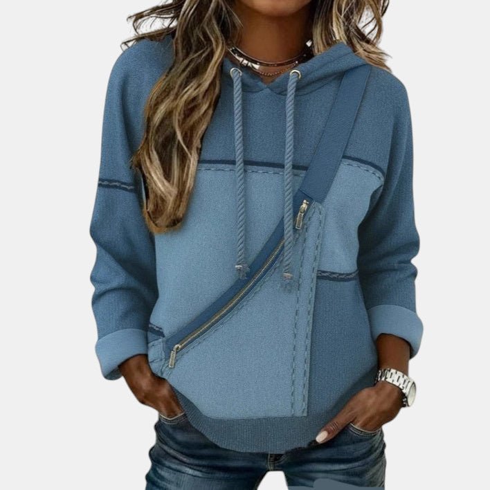 ZOFIA ATELIER Klara hooded top in blue polyester with a 3D effect digital print and diagonal zipper detail.