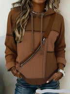 ZOFIA ATELIER Klara hooded top in brown polyester with a diagonal zipper detail and long sleeves.