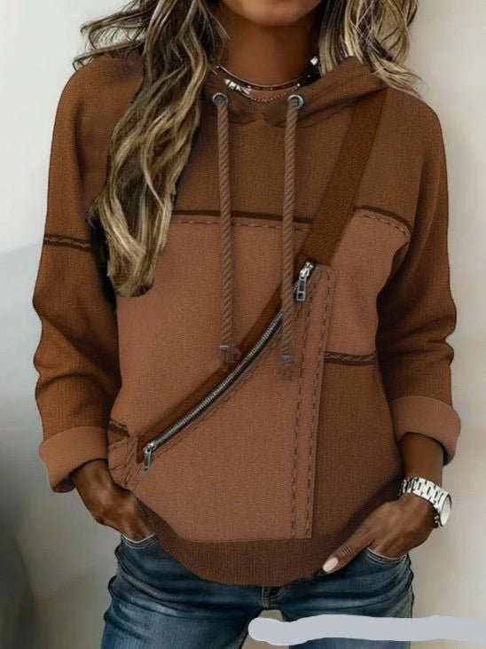 ZOFIA ATELIER Klara hooded top in brown polyester with a diagonal zipper detail and long sleeves.
