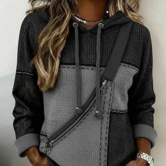 ZOFIA ATELIER Klara hooded top in grey and black polyester with a 3D effect digital print and diagonal zipper detail.