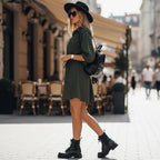 ZOFIA ATELIER Klara olive green drawstring shirt dress with three-quarter raglan sleeves and elastic waist.