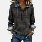 ZOFIA ATELIER knitted color-block shirt with denim collar and cuffs, featuring a loose fit and patchwork design.